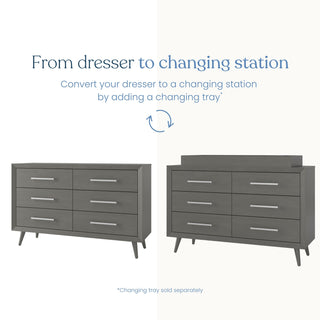 Side-by-side images show the Child Craft Cranbrook Double Dresser in Lunar Gray alone and topped with a changing tray, demonstrating how to easily convert this nursery dresser into a changing station. Text above explains the simple transformation.