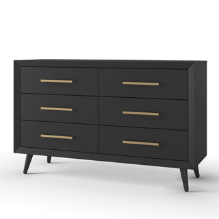The Child Craft Cranbrook Double Dresser, Ebony, is a modern black Mid-Century Modern dresser with six drawers, gold handles, and angled legs—ideal nursery furniture against a white background.