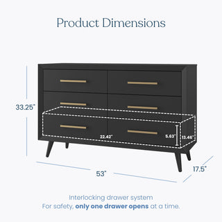 The Child Craft Cranbrook Double Dresser in Ebony features six drawers, angled legs, and gold handles. Ideal for a nursery or bedroom. Dimensions: 53"W x 33.25"H x 17.5"D; drawer: 22.42"W x 13.46"D x 5.63"H.