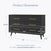 The Child Craft Cranbrook Double Dresser in Ebony features six drawers, angled legs, and gold handles. Ideal for a nursery or bedroom. Dimensions: 53