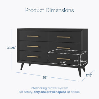 The Child Craft Cranbrook Double Dresser in Ebony is a Mid-Century Modern piece with six gold-handled drawers. Sized 53”W x 33.25”H x 17.5”D, it’s ideal for nurseries, featuring a safety design where only one drawer opens at a time.
