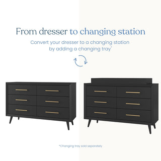 Side-by-side images show a Child Craft Cranbrook Double Dresser, Ebony, with six drawers on the left and as nursery furniture on the right topped with a changing tray. Text above explains converting it into a changing station.