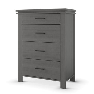 The Child Craft Denman 4 Drawer Chest in Midnight Gray features four drawers with sleek black handles and short legs, offering a stylish and practical addition to your nursery furniture collection.