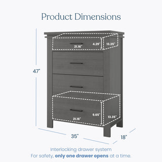 Child Craft Denman 4 Drawer Chest in Midnight Gray—47" tall, 35" wide, 18" deep—with interlocking drawers for safety. Ideal as nursery furniture or a versatile nursery chest; includes labeled top and lower drawer dimensions.