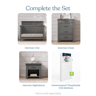 Four nursery essentials are shown: a gray crib, the Child Craft Denman 4 Drawer Chest in Midnight Gray, a gray nightstand, and a white crib mattress. "Complete the Set" appears above. Each item is labeled below its photo.