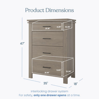 The Child Craft Denman 4 Drawer Chest in Crescent Gray is shown with labeled dimensions: 47" tall, 35" wide, and 18" deep. Ideal for baby nurseries, only one drawer opens at a time for added safety.