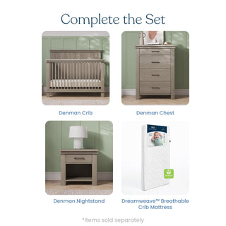 Four nursery essentials: a gray wooden crib, Child Craft Denman 4 Drawer Chest in Crescent Gray, a nursery chest nightstand, and a white breathable crib mattress—each shown on soft green or white backgrounds with product labels.