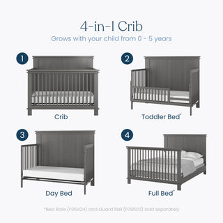 Diagram of the Child Craft Denman 2-Piece Crib and DreamWeave Set in Midnight Grey, showing its conversion from crib to toddler bed, day bed, and full bed; mattress, bed rails, and guard rails sold separately.
