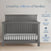A Child Craft Denman 2-Piece Crib and DreamWeave Set in Midnight Grey stands on a wooden floor by a light wall. Text highlights safety, certifications, and experience, with convertible crib features shown beside blue and gray icons.