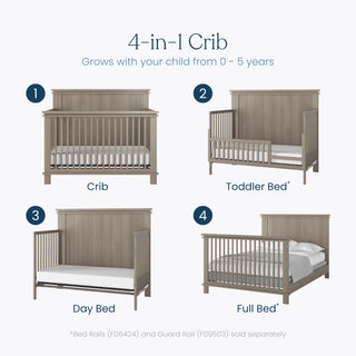 The Child Craft Denman 2-Piece Crib and DreamWeave Set in Crescent Grey features baby-safe finishes and converts from a crib to a toddler bed, day bed, and full bed for children ages 0–5. Bed rails and guard rails are sold separately.