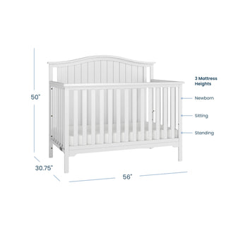 The Child Craft Hampton Arch Top 3 Piece Nursery Set features a crib with vertical slats in a classic white finish, measuring 56 inches wide, 50 inches tall, and 30.75 inches deep—an essential part of any nursery. Convenient labels on the right indicate three adjustable mattress heights for newborn, sitting, and standing stages.