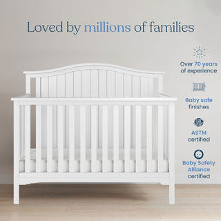 A white Hampton Arch Top 3 Piece Nursery Set with Crib, Dresser and Glider by Child Craft sits on a wood floor, with text highlighting its trusted safety certifications, baby-safe finishes, over 70 years of experience, and popularity among millions of families—a timeless piece of nursery furniture perfect for any baby’s room.