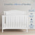 A white Hampton Arch Top 3 Piece Nursery Set with Crib, Dresser and Glider by Child Craft sits on a wood floor, with text highlighting its trusted safety certifications, baby-safe finishes, over 70 years of experience, and popularity among millions of families—a timeless piece of nursery furniture perfect for any baby’s room.