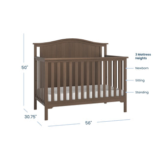 The Child Craft Hampton Arch Top 2-Piece Crib and DreamWeave Set in Dusty Heather features slatted sides, measures 50”H x 56”W x 30.75”D, offers 3 mattress heights, and includes a HALO DreamWeave breathable crib mattress.