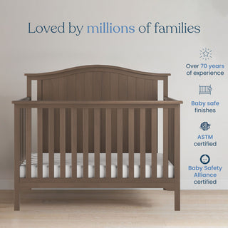 A Dusty Heather Hampton Arch Top 2-Piece Crib and DreamWeave Set by Child Craft stands against a pale wall. Above, text reads "Loved by millions of families." Highlights: 70+ years experience, baby-safe finishes, convertible crib certified.