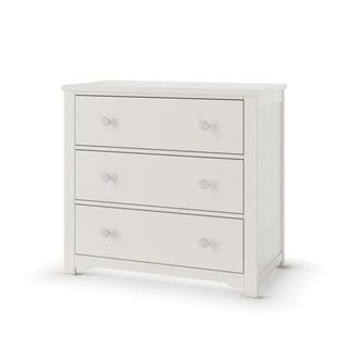 The Child Craft Harmony 3-Drawer Dresser with Changing Table Topper in Brushed Cotton features a simple modern design and round silver knobs, making it perfect nursery furniture; shown against a plain white background.