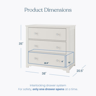 The Child Craft Harmony 3-Drawer Dresser with Changing Table Topper in Brushed Cotton is a nursery-ready piece. It’s 35"H x 38"W x 20.5"D, features outlined bottom drawer (30.5"W x 13"H x 6"D), and only one drawer opens at a time.