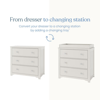 Side-by-side images display the Child Craft Harmony 3-Drawer Dresser with Changing Table Topper in Brushed Cotton: one alone, and one with the topper attached, showing how nursery furniture easily converts to a changing station.
