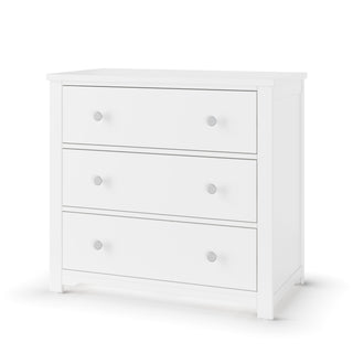 The Child Craft Harmony 3-Drawer Dresser with Changing Table Topper in matte white features a modern, minimalist design with simple silver knobs—perfect nursery furniture for kids.