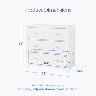 The Child Craft Harmony 3-Drawer Dresser with Changing Table Topper in matte white is 35" tall, 38" wide, and 20.5" deep. For safety, only one drawer opens at once; each drawer measures 30.5"W x 13"D x 6"H—ideal for nurseries.