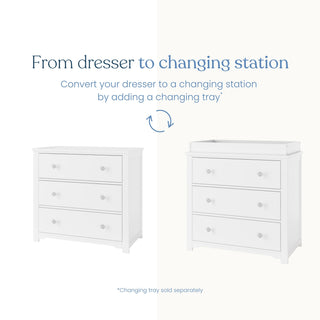Side-by-side images of the Child Craft Harmony 3-Drawer Dresser with Changing Table Topper in Matte White, shown as a dresser and as a changing station. Text: Transform your nursery—just add the changing topper!.