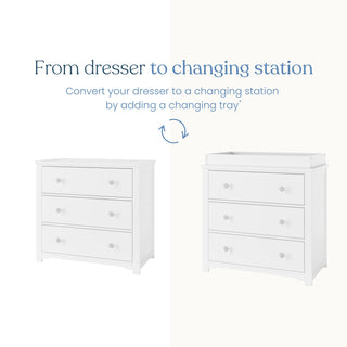Side-by-side images of the Child Craft Harmony 3-Drawer Dresser with Changing Table Topper in Matte White. Left: dresser alone. Right: dresser with topper. Text reads: Easily transform your Child Craft dresser into a changing station by adding the topper.