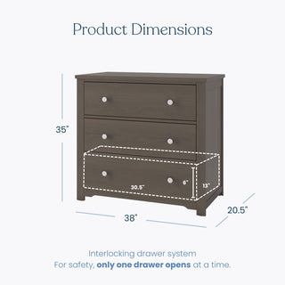 The Child Craft Harmony 3-Drawer Dresser with Changing Table Topper in Dapper Gray is 35"H x 38"W x 20.5"D, has safety drawers (only one opens at a time), and each drawer is 30.5"W x 13"D x 6"H—ideal for nurseries or pairing with the topper.