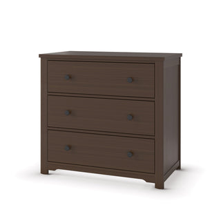 The Child Craft Harmony 3-Drawer Dresser with Changing Table Topper in Brushed Truffle features a modern design, three spacious drawers with black knobs, and a flat top for nursery storage or changing needs.