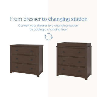 Side-by-side images show the Child Craft Harmony 3-Drawer Dresser with Changing Table Topper in Brushed Truffle as a dresser and as a changing station, illustrating how it easily adapts to your nursery needs.