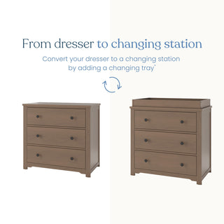 Side-by-side image of the Child Craft Harmony 3-Drawer Dresser in Dusty Heather alone (left) and with the changing table topper (right), showing how easily it converts from nursery storage to a changing station by adding the tray.