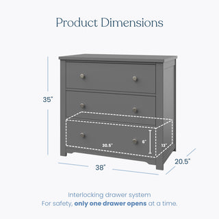 The Child Craft Harmony 3-Drawer Dresser with Changing Table Topper in Cool Gray measures 35" H x 38" W x 20.5" D, has an open bottom drawer (30.5" wide) and safety interlocking drawers—great nursery storage with optional changing topper.