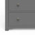 Close-up of the lower half of the Child Craft Harmony 3-Drawer Dresser with Changing Table Topper in Cool Gray, showing two drawers with round metallic knobs and part of the left edge and base.