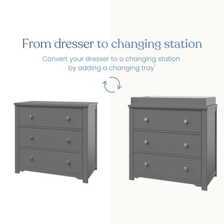 Side-by-side images of the Child Craft Harmony 3-Drawer Dresser with Changing Table Topper in Cool Gray. Text above reads: Easily convert your nursery storage into a changing station by adding the topper.