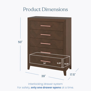 The Child Craft Kieran 5-Drawer Chest in Toasted Chestnut is shown. It measures 50" high, 39" wide, and 17.5" deep; individual drawers are 24"W x 13.25"D x 5.25"H, with only one drawer opening at a time—perfect for nurseries.