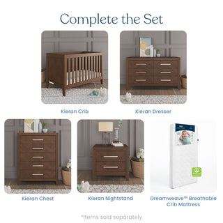 Create a coordinated nursery with the Child Craft Kieran 5-Drawer Chest in Toasted Chestnut. Pair it with matching herringbone dresser, crib, nightstand, and a separate breathable crib mattress. Text reads: “Complete the Set.”.