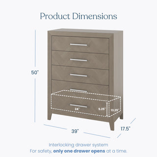 The Child Craft Kieran 5-Drawer Chest in Crescent Gray features a herringbone pattern and measures 50"H x 39"W x 17.5"D. One drawer (24" x 13.25" x 5.25") opens at a time for safety.