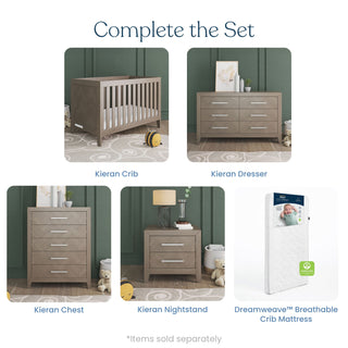 Complete the Set: Five-piece nursery furniture set includes a crib, Child Craft Kieran 5-Drawer Chest in Crescent Gray, nursery dresser, nightstand, and mattress, all with herringbone accents, complementing green walls and carpeted flooring.