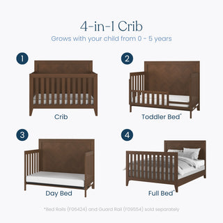 Four images display the Child Craft Kieran 3 Piece Nursery Set’s dark wooden convertible crib, shown in four configurations: crib, toddler bed, day bed, and full-size bed. This modern nursery essential is a 4-in-1 design that grows with your child from newborn through age five. Bed rails and guard rail are sold separately—making it a versatile addition to any nursery furniture set.