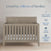 A Kieran 3 Piece Nursery Set with Crib, Dresser, and Chest by Child Craft is showcased in a room, with the gray wooden convertible crib featuring a striped mattress that beautifully complements any nursery furniture set. Above, the text reads, 