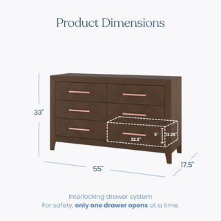The Child Craft Kieran 6-Drawer Double Dresser in Toasted Chestnut features a herringbone pattern, six roomy drawers (one opens at a time), and measures 33"H x 55"W x 17.5"D; each drawer: 22.5"W x 13.25"D x 5"H.