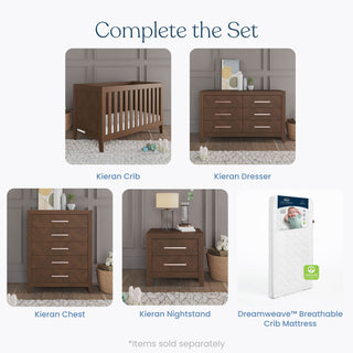 Complete the Set: Matching nursery furniture in dark wood with silver handles, including a wooden crib, Child Craft Kieran 6-Drawer Double Dresser in Toasted Chestnut, chest, nightstand, and a white breathable crib mattress.