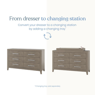 Side-by-side images show the Child Craft Kieran 6-Drawer Double Dresser in Crescent Gray alone (left) and with a changing tray (right), illustrating how to convert it into a practical nursery changing station.