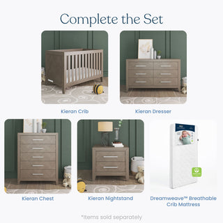 The set features a wood crib, chest, nightstand, and Dreamweave breathable crib mattress. Complete the Set—Kieran 6-Drawer Double Dresser in Crescent Gray by Child Craft and other items are sold separately.