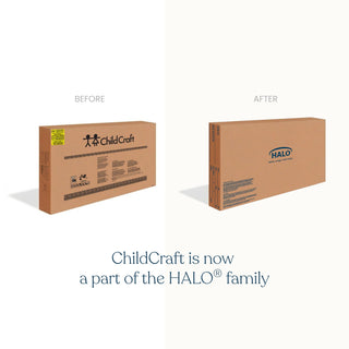 Side-by-side image of two boxes: the left labeled Child Craft (before), the right labeled HALO (after), featuring the Kieran 6-Drawer Double Dresser in Crescent Gray. Text below reads, Child Craft is now a part of the HALO family.