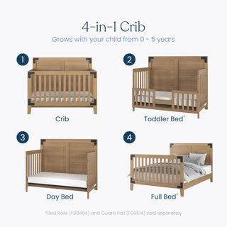The Child Craft Lucas 2-Piece Crib and DreamWeave Set in Nutmeg is shown converting from crib to toddler bed, day bed, and full bed for ages 0–5. Includes a breathable mattress for comfort as your child grows.
