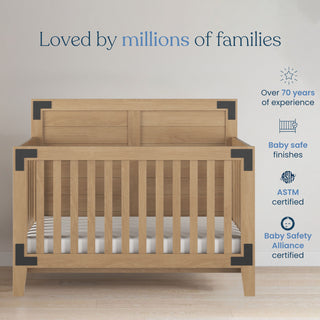 The Child Craft Lucas 2-Piece Crib and DreamWeave Set in Nutmeg is featured in a minimalist room. Text highlights 70+ years of trust, baby-safe finishes, and a breathable mattress for safety and comfort—loved by millions of families.