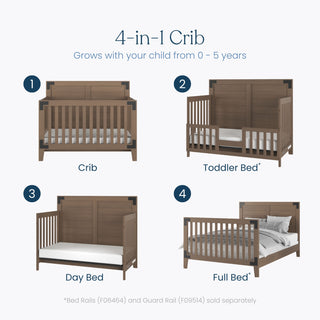 Image of the Child Craft Lucas 2-Piece Crib and DreamWeave Set, Dusty Heather, shown as a crib, toddler bed, day bed, and full bed. Stages are labeled; mattress and rails are sold separately.
