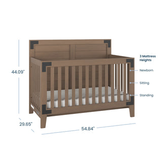 The Child Craft Lucas 2-Piece Crib and DreamWeave Set in Dusty Heather is a wooden convertible crib with three mattress heights, bold black accents, and fits the HALO DreamWeave mattress. Size: 44.09"H x 29.65"D x 54.84"W.