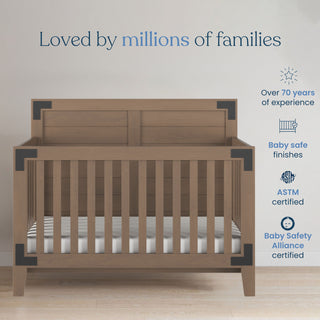 The Child Craft Lucas 2-Piece Crib and DreamWeave Set in Dusty Heather is shown with black corner accents. Features: loved by millions, 70+ years experience, baby-safe finishes, ASTM & Baby Safety Alliance certified, fits HALO DreamWeave mattress.