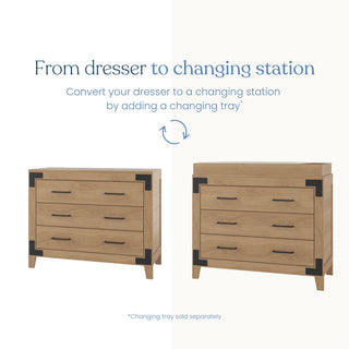 Two images of the Child Craft Lucas Dresser in Nutmeg, featuring black corner accents and shiplap details. The left shows just the dresser, while the right displays it with a changing tray (sold separately) on top.